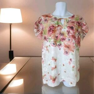 Indigo Soul Popover Tunic Top L Watercolor Floral Flutter Sleeve Sheer Overlay